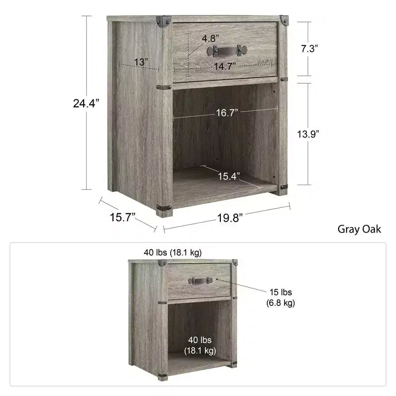 Comodino con 1 cassetto contenitore Max & Finn Nova con maniglia in pelle, rovere grigio