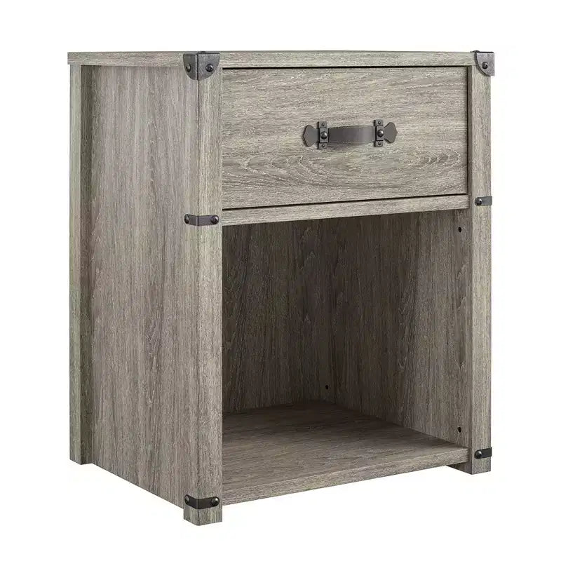 Comodino con 1 cassetto contenitore Max & Finn Nova con maniglia in pelle, rovere grigio