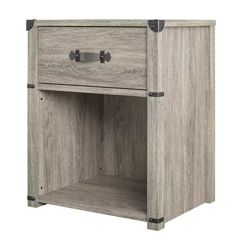 Comodino con 1 cassetto contenitore Max & Finn Nova con maniglia in pelle, rovere grigio