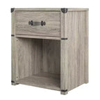 Comodino con 1 cassetto contenitore Max & Finn Nova con maniglia in pelle, rovere grigio