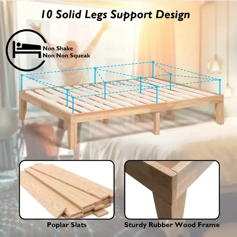 Costway Letto matrimoniale 14 pollici in legno con doghe, piattaforma e supporto in espresso naturale
