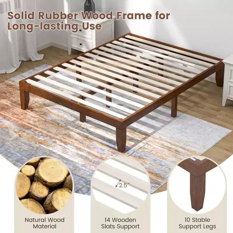 Costway Letto matrimoniale 14 pollici in legno con doghe, piattaforma e supporto in espresso naturale