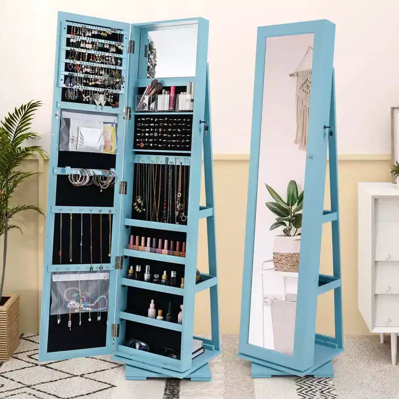 Costway Armadietto Portagioie Girevole a 360 Gradi 2-in-1, Organizzatore a Specchio con Serratura, Bianco/Nero/Marrone Scuro/Grigio/Blu/Rosa/Viola/Grigio Scuro