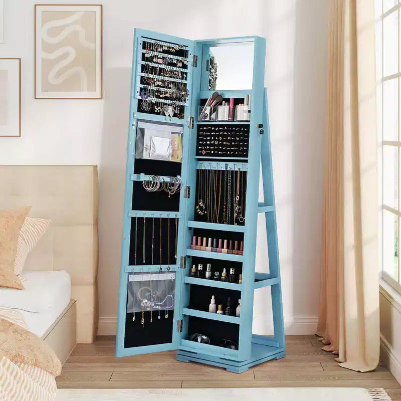 Costway Armadietto Portagioie Girevole a 360 Gradi 2-in-1, Organizzatore a Specchio con Serratura, Bianco/Nero/Marrone Scuro/Grigio/Blu/Rosa/Viola/Grigio Scuro