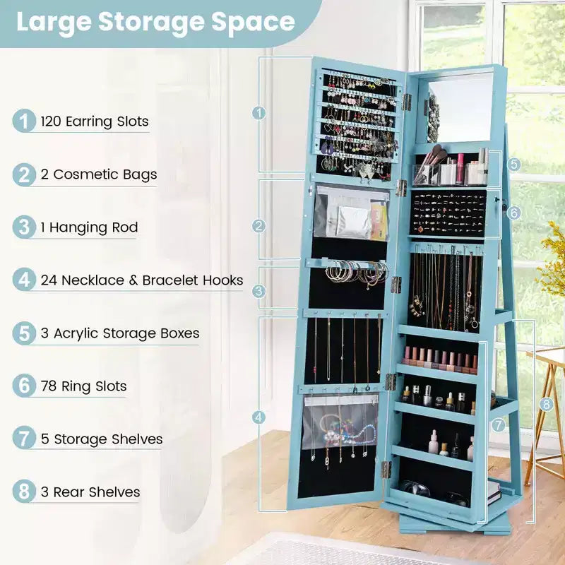 Costway Armadietto Portagioie Girevole a 360 Gradi 2-in-1, Organizzatore a Specchio con Serratura, Bianco/Nero/Marrone Scuro/Grigio/Blu/Rosa/Viola/Grigio Scuro