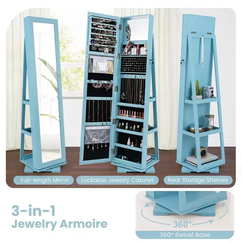 Costway Armadietto Portagioie Girevole a 360 Gradi 2-in-1, Organizzatore a Specchio con Serratura, Bianco/Nero/Marrone Scuro/Grigio/Blu/Rosa/Viola/Grigio Scuro