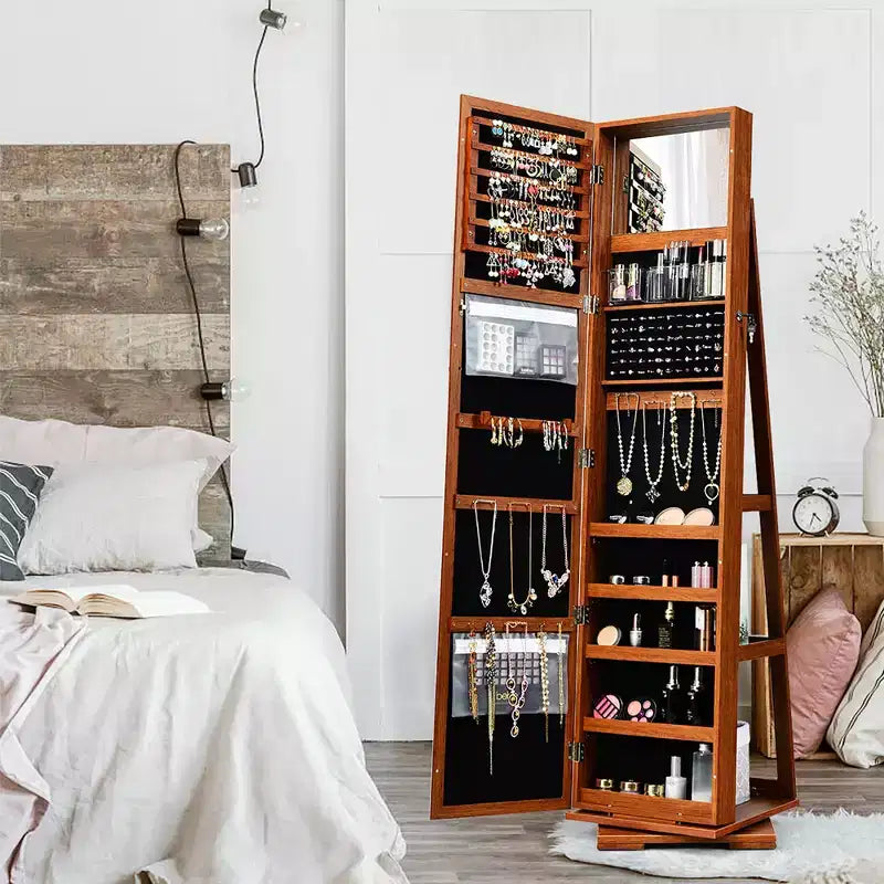 Costway Armadietto Portagioie Girevole a 360 Gradi 2-in-1, Organizzatore a Specchio con Serratura, Bianco/Nero/Marrone Scuro/Grigio/Blu/Rosa/Viola/Grigio Scuro