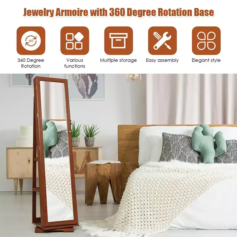 Costway Armadietto Portagioie Girevole a 360 Gradi 2-in-1, Organizzatore a Specchio con Serratura, Bianco/Nero/Marrone Scuro/Grigio/Blu/Rosa/Viola/Grigio Scuro