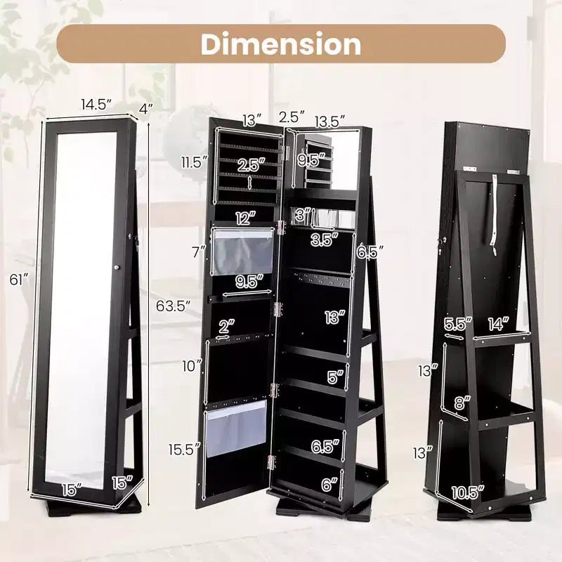 Costway Armadietto Portagioie Girevole a 360 Gradi 2-in-1, Organizzatore a Specchio con Serratura, Bianco/Nero/Marrone Scuro/Grigio/Blu/Rosa/Viola/Grigio Scuro