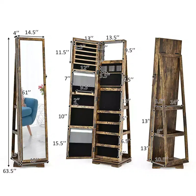 Costway Armadietto Portagioie Girevole a 360 Gradi 2-in-1, Organizzatore a Specchio con Serratura, Bianco/Nero/Marrone Scuro/Grigio/Blu/Rosa/Viola/Grigio Scuro
