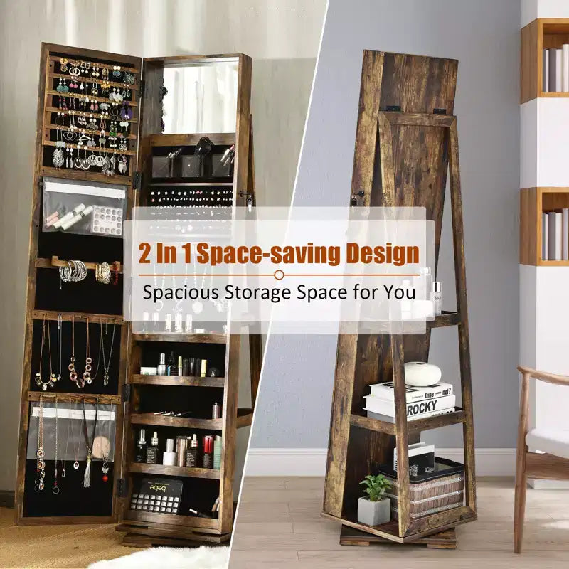 Costway Armadietto Portagioie Girevole a 360 Gradi 2-in-1, Organizzatore a Specchio con Serratura, Bianco/Nero/Marrone Scuro/Grigio/Blu/Rosa/Viola/Grigio Scuro