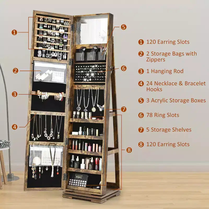 Costway Armadietto Portagioie Girevole a 360 Gradi 2-in-1, Organizzatore a Specchio con Serratura, Bianco/Nero/Marrone Scuro/Grigio/Blu/Rosa/Viola/Grigio Scuro