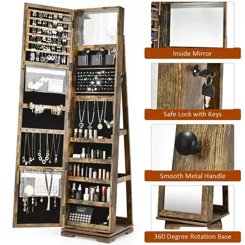 Costway Armadietto Portagioie Girevole a 360 Gradi 2-in-1, Organizzatore a Specchio con Serratura, Bianco/Nero/Marrone Scuro/Grigio/Blu/Rosa/Viola/Grigio Scuro