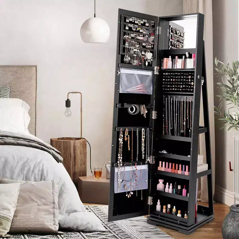 Costway Armadietto Portagioie Girevole a 360 Gradi 2-in-1, Organizzatore a Specchio con Serratura, Bianco/Nero/Marrone Scuro/Grigio/Blu/Rosa/Viola/Grigio Scuro