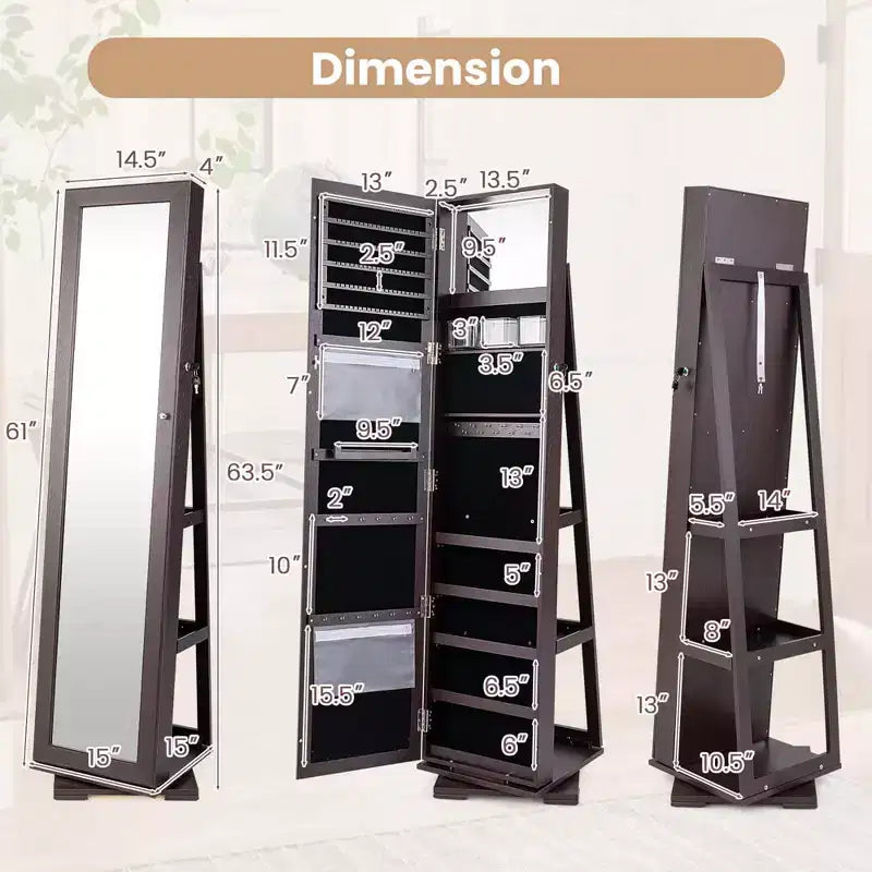 Costway Armadietto Portagioie Girevole a 360 Gradi 2-in-1, Organizzatore a Specchio con Serratura, Bianco/Nero/Marrone Scuro/Grigio/Blu/Rosa/Viola/Grigio Scuro