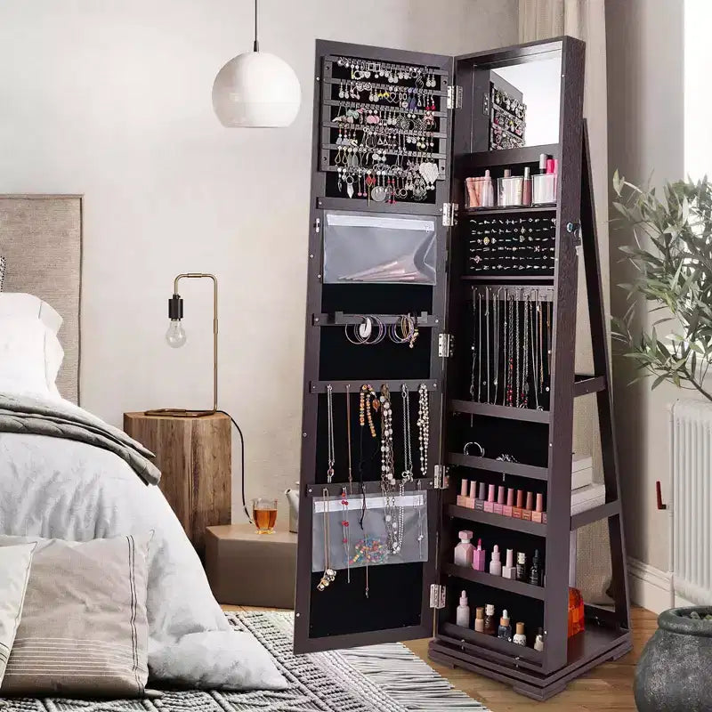 Costway Armadietto Portagioie Girevole a 360 Gradi 2-in-1, Organizzatore a Specchio con Serratura, Bianco/Nero/Marrone Scuro/Grigio/Blu/Rosa/Viola/Grigio Scuro