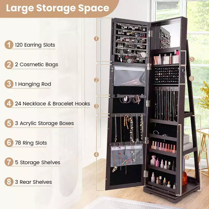 Costway Armadietto Portagioie Girevole a 360 Gradi 2-in-1, Organizzatore a Specchio con Serratura, Bianco/Nero/Marrone Scuro/Grigio/Blu/Rosa/Viola/Grigio Scuro