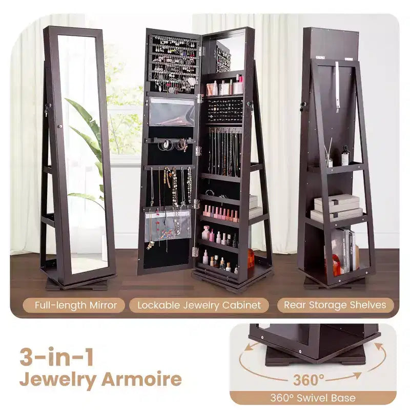 Costway Armadietto Portagioie Girevole a 360 Gradi 2-in-1, Organizzatore a Specchio con Serratura, Bianco/Nero/Marrone Scuro/Grigio/Blu/Rosa/Viola/Grigio Scuro