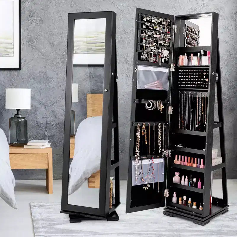 Costway Armadietto Portagioie Girevole a 360 Gradi 2-in-1, Organizzatore a Specchio con Serratura, Bianco/Nero/Marrone Scuro/Grigio/Blu/Rosa/Viola/Grigio Scuro