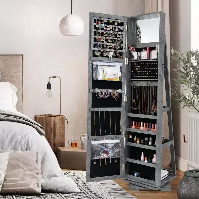 Costway Armadietto Portagioie Girevole a 360 Gradi 2-in-1, Organizzatore a Specchio con Serratura, Bianco/Nero/Marrone Scuro/Grigio/Blu/Rosa/Viola/Grigio Scuro