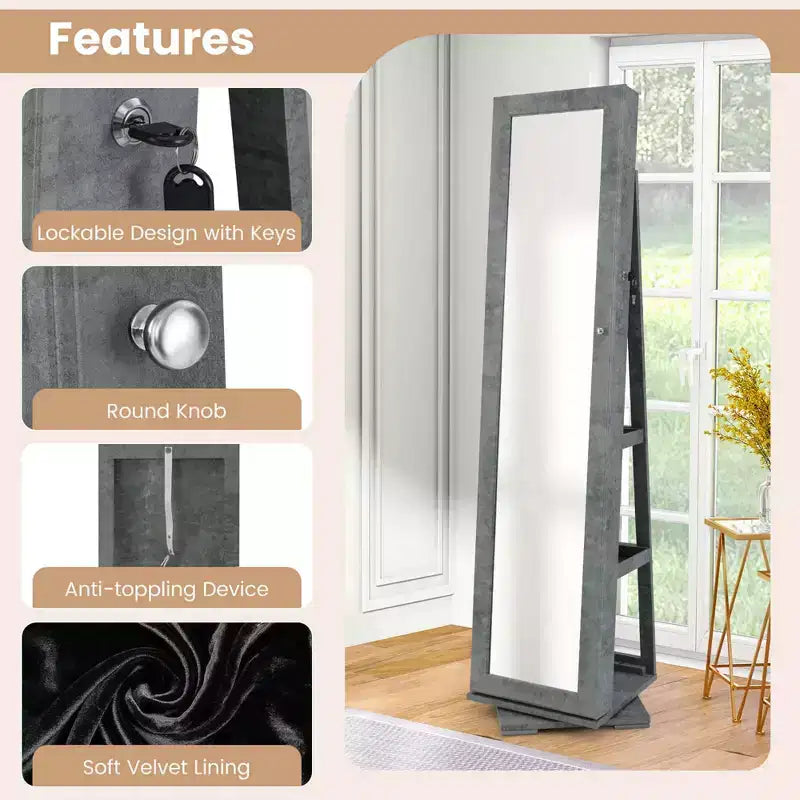 Costway Armadietto Portagioie Girevole a 360 Gradi 2-in-1, Organizzatore a Specchio con Serratura, Bianco/Nero/Marrone Scuro/Grigio/Blu/Rosa/Viola/Grigio Scuro