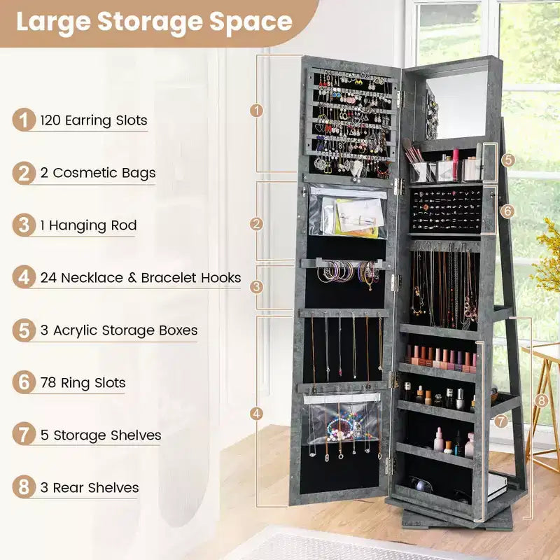 Costway Armadietto Portagioie Girevole a 360 Gradi 2-in-1, Organizzatore a Specchio con Serratura, Bianco/Nero/Marrone Scuro/Grigio/Blu/Rosa/Viola/Grigio Scuro