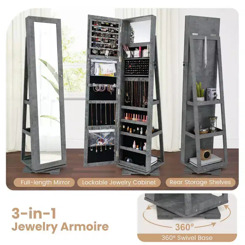 Costway Armadietto Portagioie Girevole a 360 Gradi 2-in-1, Organizzatore a Specchio con Serratura, Bianco/Nero/Marrone Scuro/Grigio/Blu/Rosa/Viola/Grigio Scuro
