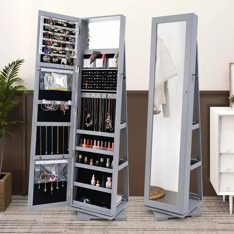 Costway Armadietto Portagioie Girevole a 360 Gradi 2-in-1, Organizzatore a Specchio con Serratura, Bianco/Nero/Marrone Scuro/Grigio/Blu/Rosa/Viola/Grigio Scuro