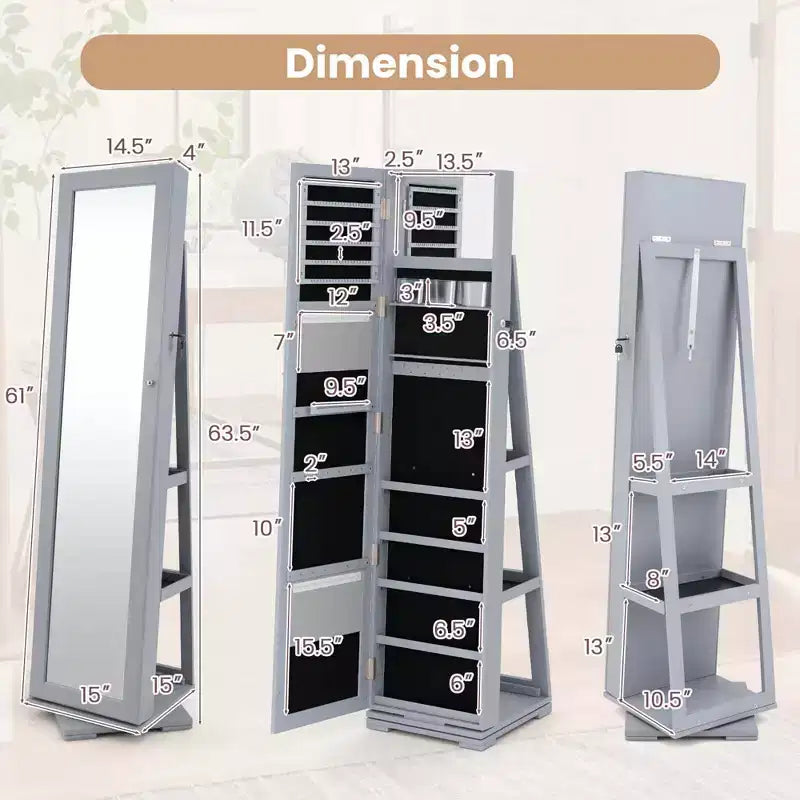 Costway Armadietto Portagioie Girevole a 360 Gradi 2-in-1, Organizzatore a Specchio con Serratura, Bianco/Nero/Marrone Scuro/Grigio/Blu/Rosa/Viola/Grigio Scuro