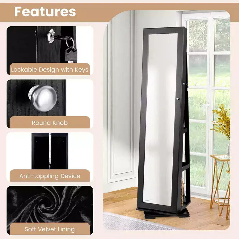 Costway Armadietto Portagioie Girevole a 360 Gradi 2-in-1, Organizzatore a Specchio con Serratura, Bianco/Nero/Marrone Scuro/Grigio/Blu/Rosa/Viola/Grigio Scuro