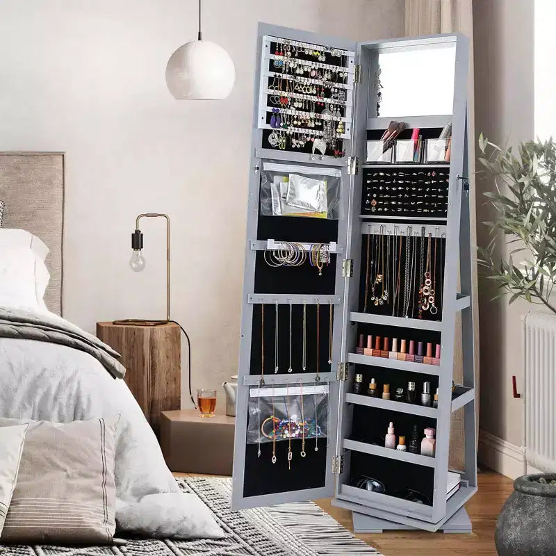 Costway Armadietto Portagioie Girevole a 360 Gradi 2-in-1, Organizzatore a Specchio con Serratura, Bianco/Nero/Marrone Scuro/Grigio/Blu/Rosa/Viola/Grigio Scuro