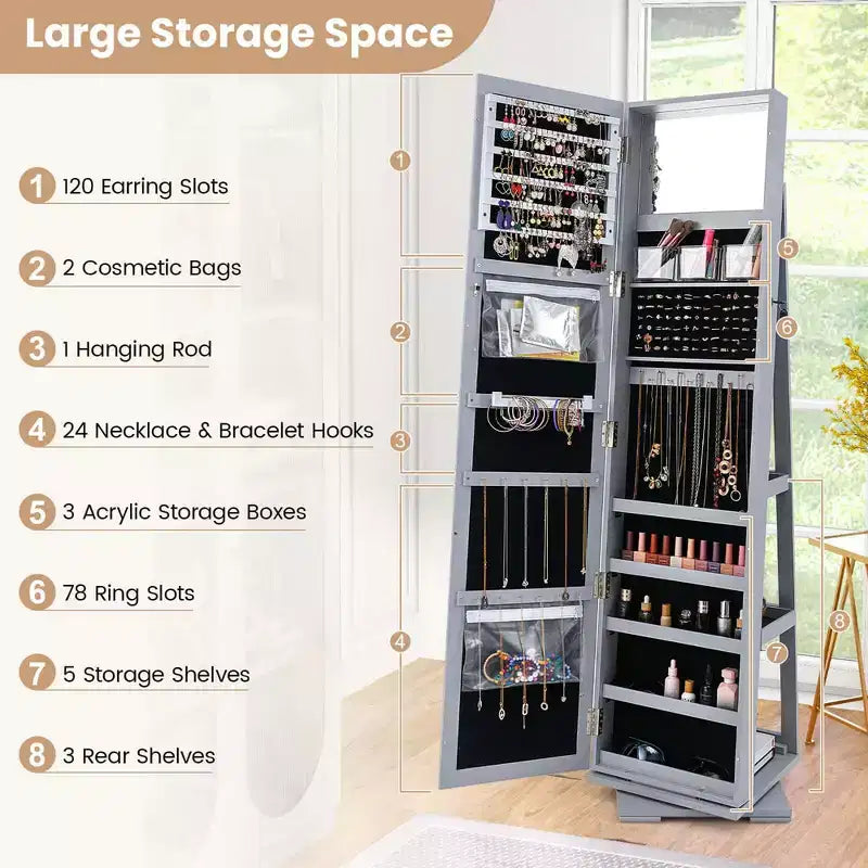 Costway Armadietto Portagioie Girevole a 360 Gradi 2-in-1, Organizzatore a Specchio con Serratura, Bianco/Nero/Marrone Scuro/Grigio/Blu/Rosa/Viola/Grigio Scuro