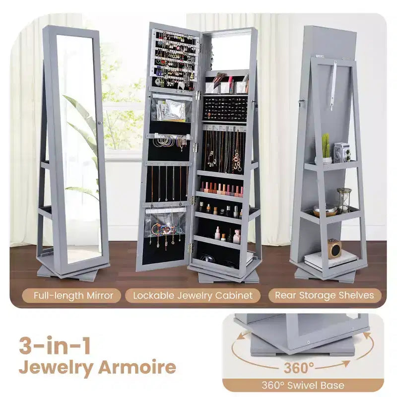 Costway Armadietto Portagioie Girevole a 360 Gradi 2-in-1, Organizzatore a Specchio con Serratura, Bianco/Nero/Marrone Scuro/Grigio/Blu/Rosa/Viola/Grigio Scuro
