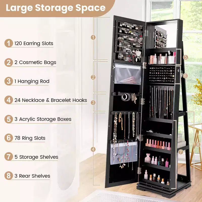 Costway Armadietto Portagioie Girevole a 360 Gradi 2-in-1, Organizzatore a Specchio con Serratura, Bianco/Nero/Marrone Scuro/Grigio/Blu/Rosa/Viola/Grigio Scuro