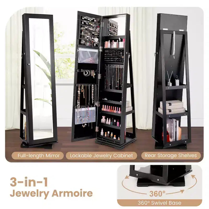 Costway Armadietto Portagioie Girevole a 360 Gradi 2-in-1, Organizzatore a Specchio con Serratura, Bianco/Nero/Marrone Scuro/Grigio/Blu/Rosa/Viola/Grigio Scuro