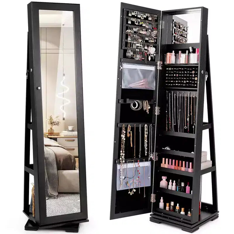 Costway 360degree Rotatable Jewelry Cabinet 2-in-1 Lockable Mirrored Organizer White/Black/Dark Brown/Gray/Blue/Pink/Purple/Dark Gray