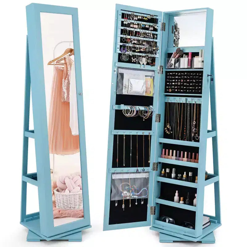 Costway Armadietto Portagioie Girevole a 360 Gradi 2-in-1, Organizzatore a Specchio con Serratura, Bianco/Nero/Marrone Scuro/Grigio/Blu/Rosa/Viola/Grigio Scuro