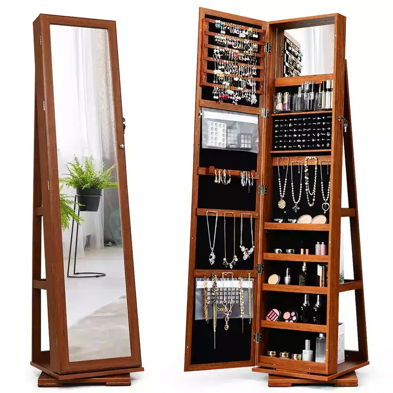 Costway Armadietto Portagioie Girevole a 360 Gradi 2-in-1, Organizzatore a Specchio con Serratura, Bianco/Nero/Marrone Scuro/Grigio/Blu/Rosa/Viola/Grigio Scuro