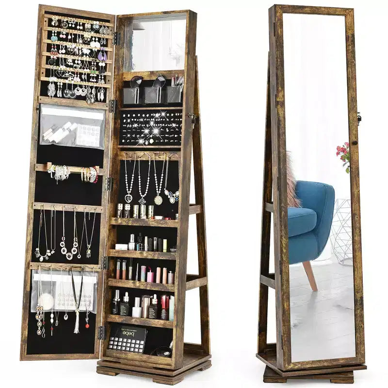 Costway Armadietto Portagioie Girevole a 360 Gradi 2-in-1, Organizzatore a Specchio con Serratura, Bianco/Nero/Marrone Scuro/Grigio/Blu/Rosa/Viola/Grigio Scuro