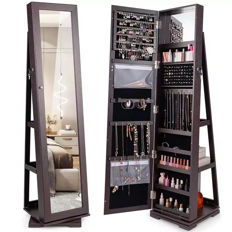 Costway Armadietto Portagioie Girevole a 360 Gradi 2-in-1, Organizzatore a Specchio con Serratura, Bianco/Nero/Marrone Scuro/Grigio/Blu/Rosa/Viola/Grigio Scuro
