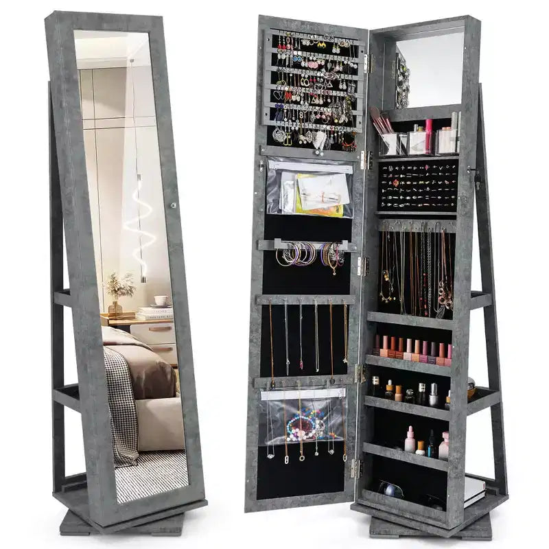 Costway Armadietto Portagioie Girevole a 360 Gradi 2-in-1, Organizzatore a Specchio con Serratura, Bianco/Nero/Marrone Scuro/Grigio/Blu/Rosa/Viola/Grigio Scuro