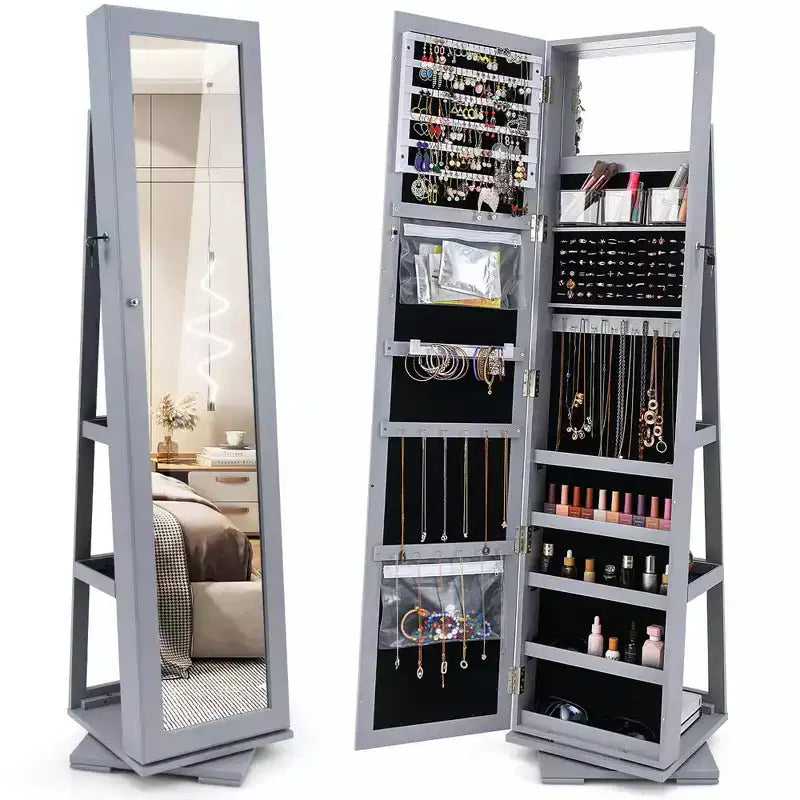Costway Armadietto Portagioie Girevole a 360 Gradi 2-in-1, Organizzatore a Specchio con Serratura, Bianco/Nero/Marrone Scuro/Grigio/Blu/Rosa/Viola/Grigio Scuro