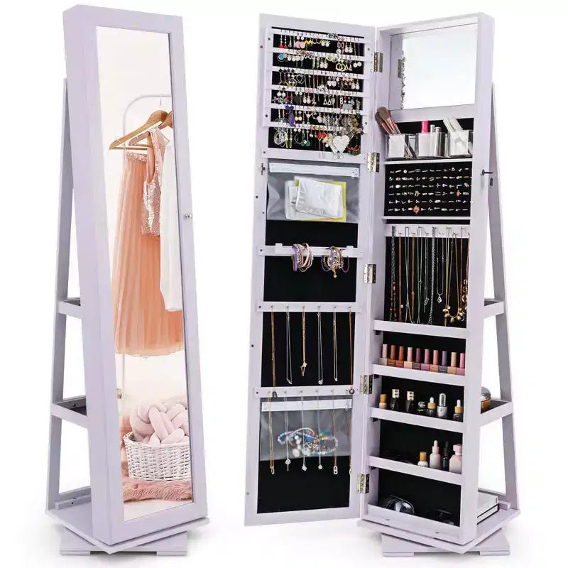 Costway Armadietto Portagioie Girevole a 360 Gradi 2-in-1, Organizzatore a Specchio con Serratura, Bianco/Nero/Marrone Scuro/Grigio/Blu/Rosa/Viola/Grigio Scuro