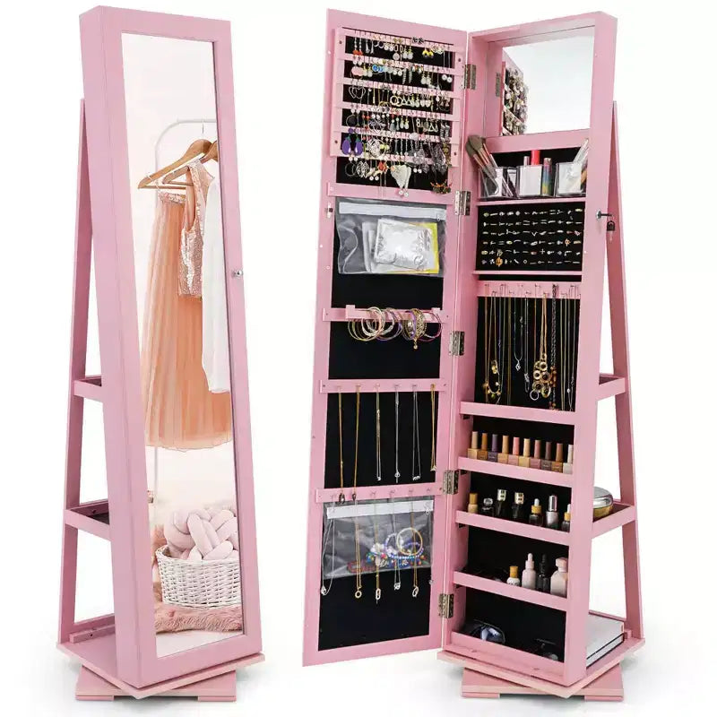 Costway Armadietto Portagioie Girevole a 360 Gradi 2-in-1, Organizzatore a Specchio con Serratura, Bianco/Nero/Marrone Scuro/Grigio/Blu/Rosa/Viola/Grigio Scuro