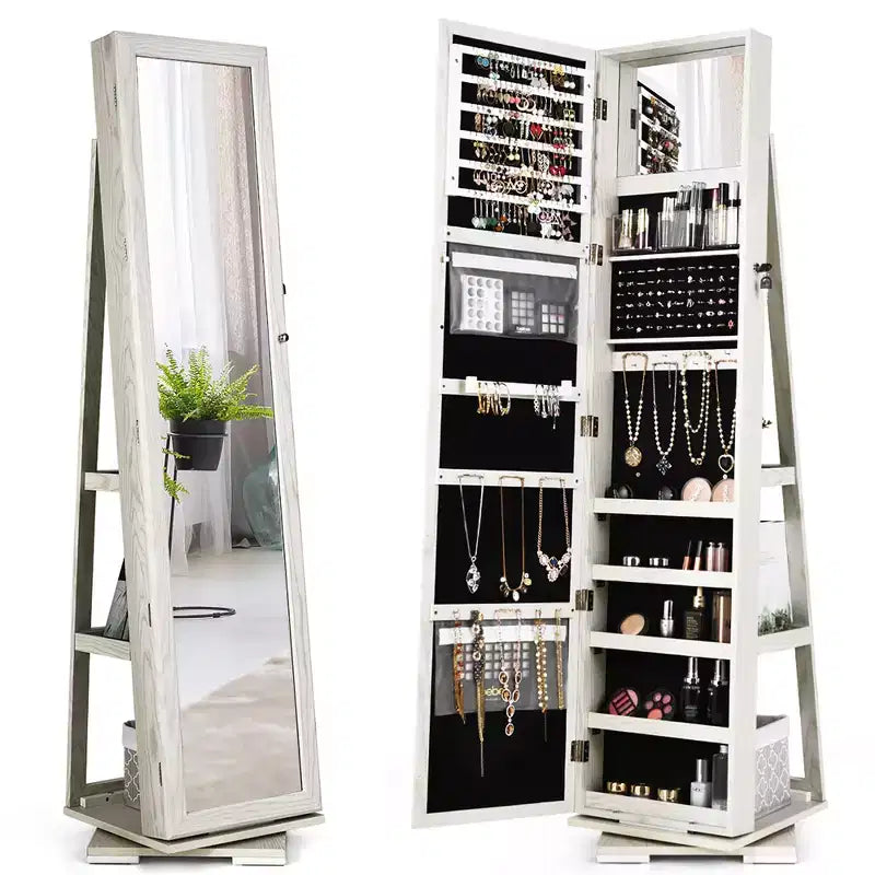 Costway Armadietto Portagioie Girevole a 360 Gradi 2-in-1, Organizzatore a Specchio con Serratura, Bianco/Nero/Marrone Scuro/Grigio/Blu/Rosa/Viola/Grigio Scuro