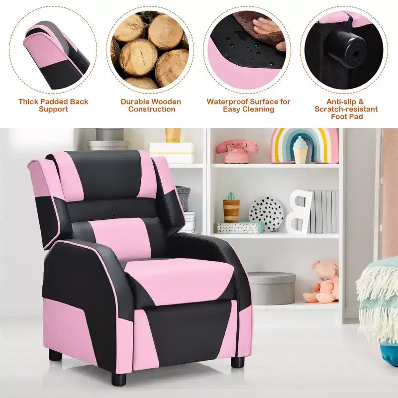 Divano Reclinabile per Bambini e Ragazzi Costway per Videogiochi con Poggiatesta e Poggiapiedi in Pelle PU Giallo/Bianco/Blu/Rosa
