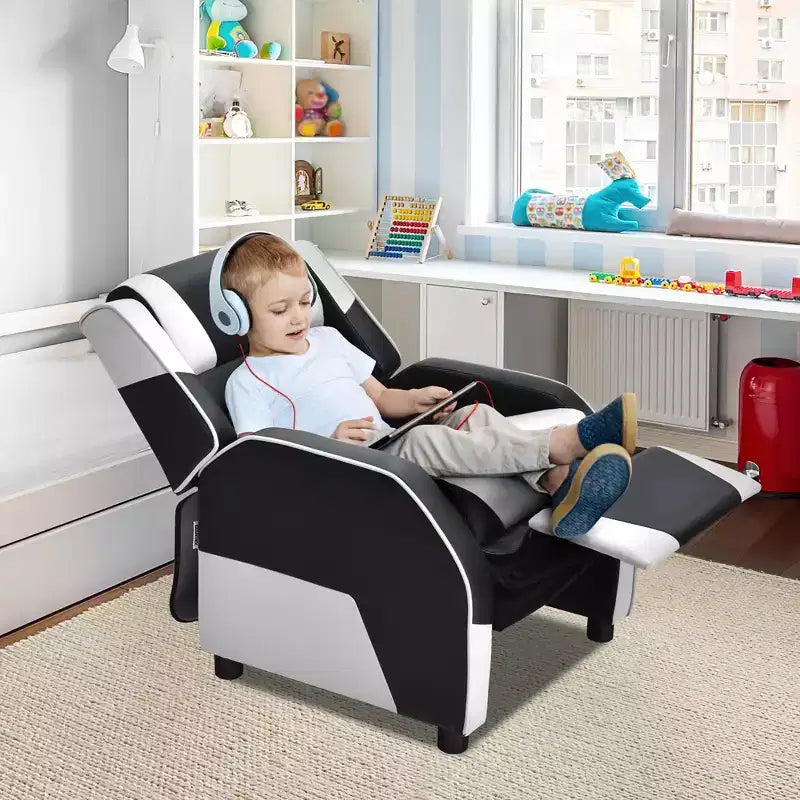 Divano Reclinabile per Bambini e Ragazzi Costway per Videogiochi con Poggiatesta e Poggiapiedi in Pelle PU Giallo/Bianco/Blu/Rosa