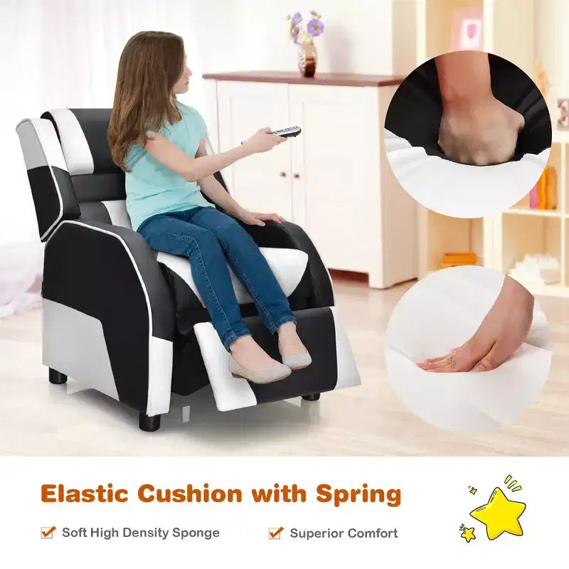 Divano Reclinabile per Bambini e Ragazzi Costway per Videogiochi con Poggiatesta e Poggiapiedi in Pelle PU Giallo/Bianco/Blu/Rosa