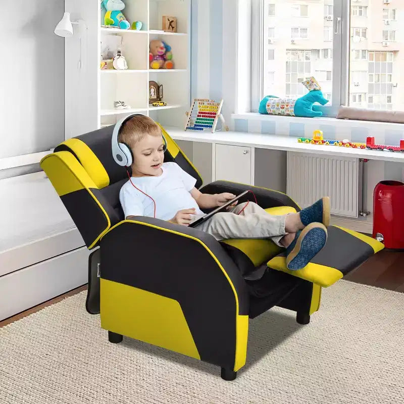 Divano Reclinabile per Bambini e Ragazzi Costway per Videogiochi con Poggiatesta e Poggiapiedi in Pelle PU Giallo/Bianco/Blu/Rosa
