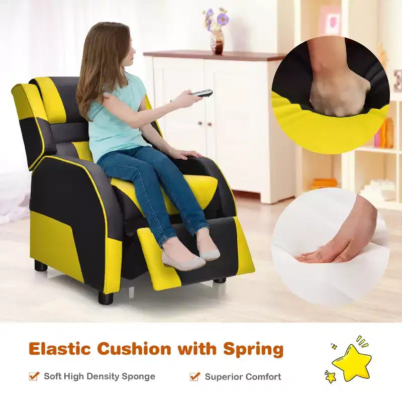 Divano Reclinabile per Bambini e Ragazzi Costway per Videogiochi con Poggiatesta e Poggiapiedi in Pelle PU Giallo/Bianco/Blu/Rosa
